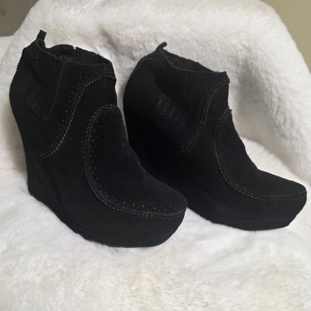 Restricted Black Suede Platform Wedge Booties